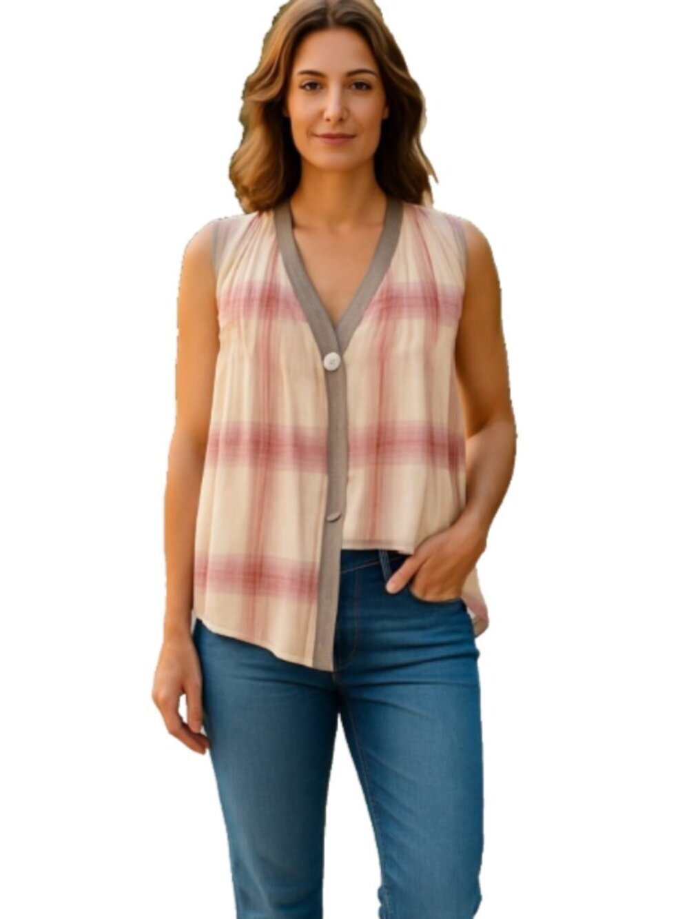 Elizabeth and James X-Small Cotton Sheer Plaid Blouse Multi-Color One Button
